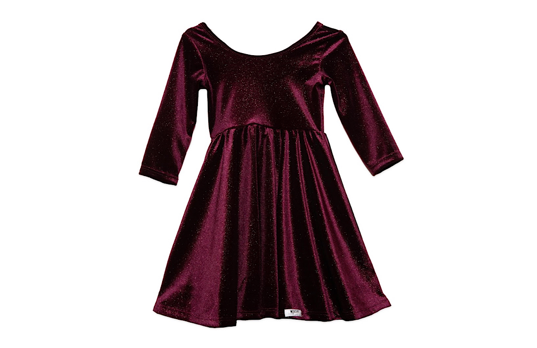 Christmas holiday twirly dress in burgundy velvet with glittery sparkles