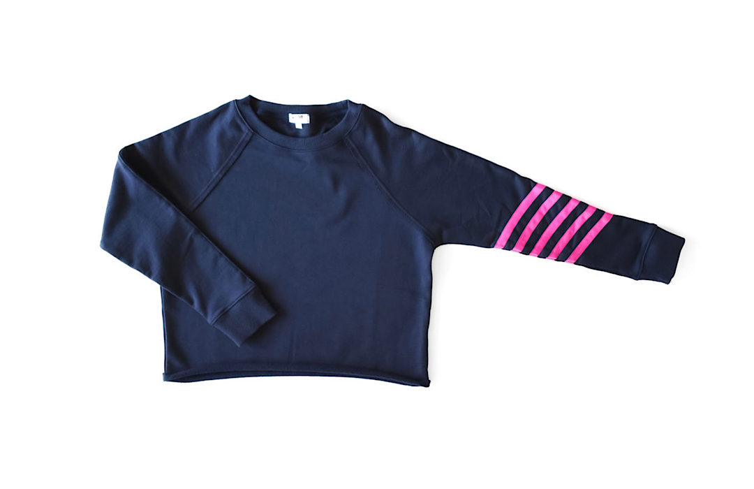 Adult cropped crew neck sweatshirt in navy with magenta stripes