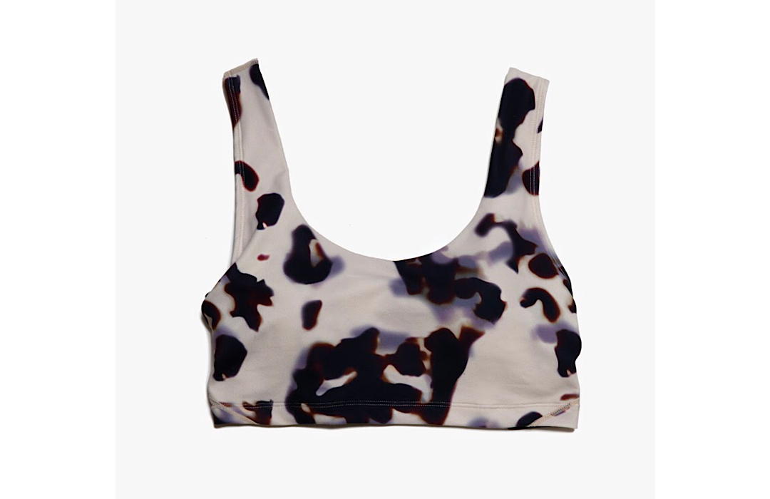 Sports bra in blonde tortoise print: adult activewear by Worthy Threads clothing brand