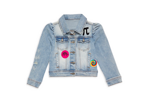 Kids puff sleeve denim jacket with patches, front view