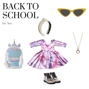 Back to School style pic featuring girls twirly dress in pastel tie dye