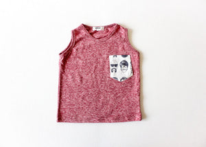 Unique toddler clothes by Worthy Threads: product shot of red tank top with beatnik pocket