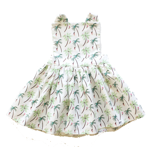Girls pinafore dress featuring palm trees.  Unique toddler clothes