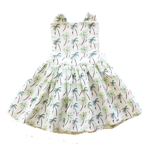 Girls pinafore dress featuring palm trees.  Unique toddler clothes
