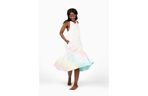 Model twirling in adult tie dye tank dress with pockets