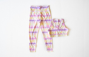 Adult tie dye activewear set in Sunset: tie dye leggings and sports bra
