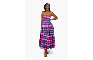 Model in tie dye maxi dress magenta navy