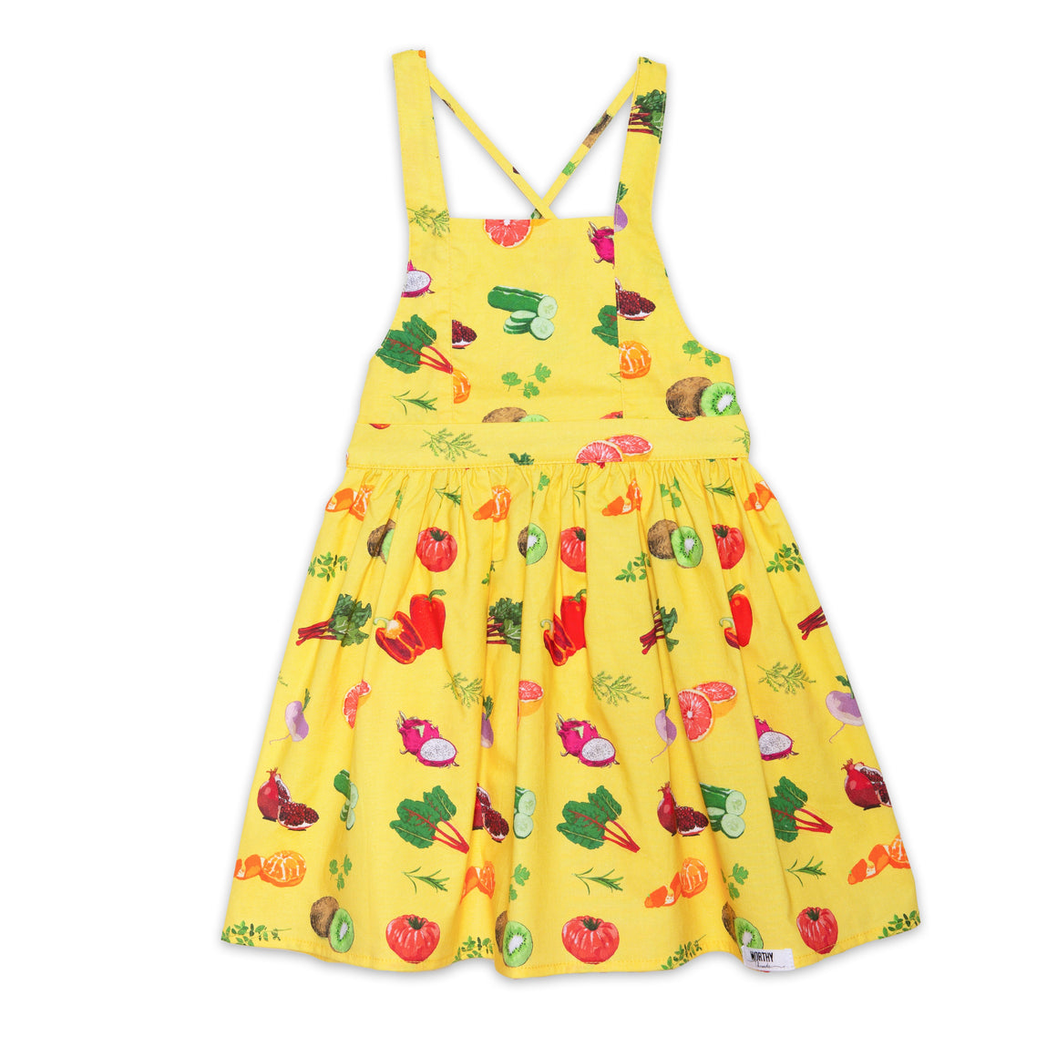 Girls tie back dress in summery vegetable print