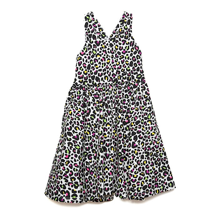 Twirly dress in neon leopard with cross back and pockets