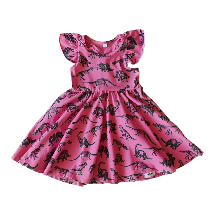 Ruffle sleeve racer back twirly dress in hot pink dinosaur print