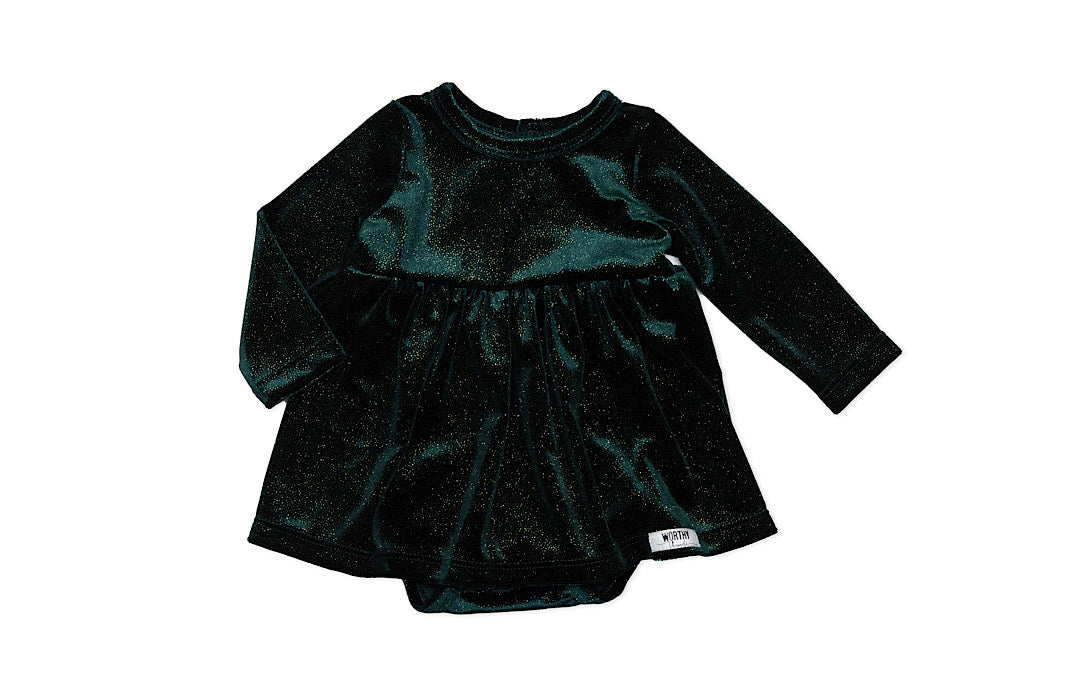 Holiday Christmas bubble romper in emerald velvet with glittery sparkles