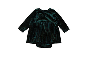 Christmas holiday bubble romper in emerald velvet with glittery sparkles, back view
