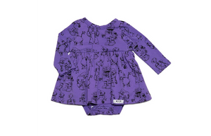 Baby bubble romper in purple robots print: math and science themed clothing for girls