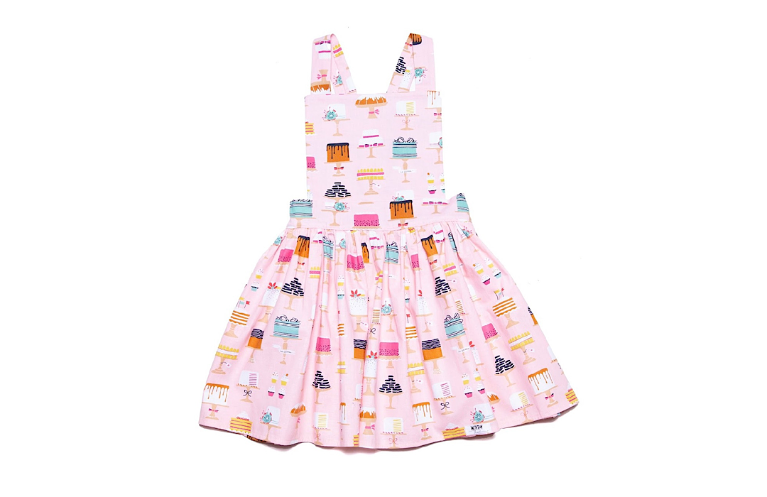 Baby pinafore dress in pink cakes print. Birthday dress!