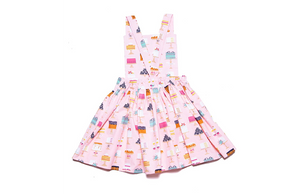 Girls pink pinafore dress in cakes print, back view of birthday dress