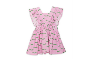Toddler vintage dress in pink crocodile print, back view