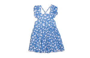 Girls ruffle sleeve dress in blue ducks print