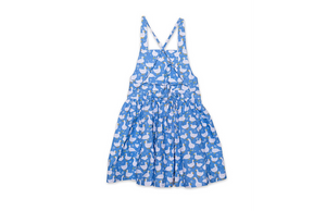 Girls twirly tie back dress in blue ducks, back view