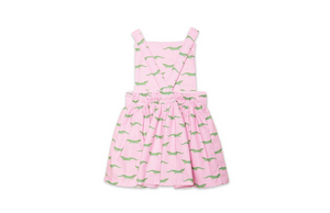 Baby and toddler pinafore dress in pink crocodile print, back view