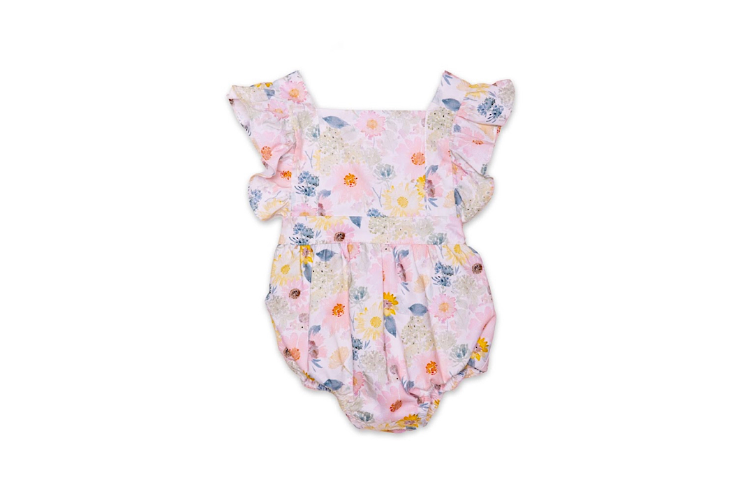 Baby bubble romper in pink flowery print, ruffle sleeves