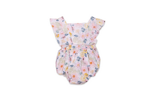Baby bubble romper in pink flowers, back view