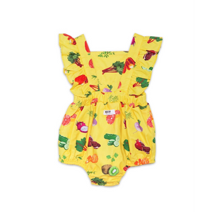 Baby bubble romper in yellow veggie print, back view