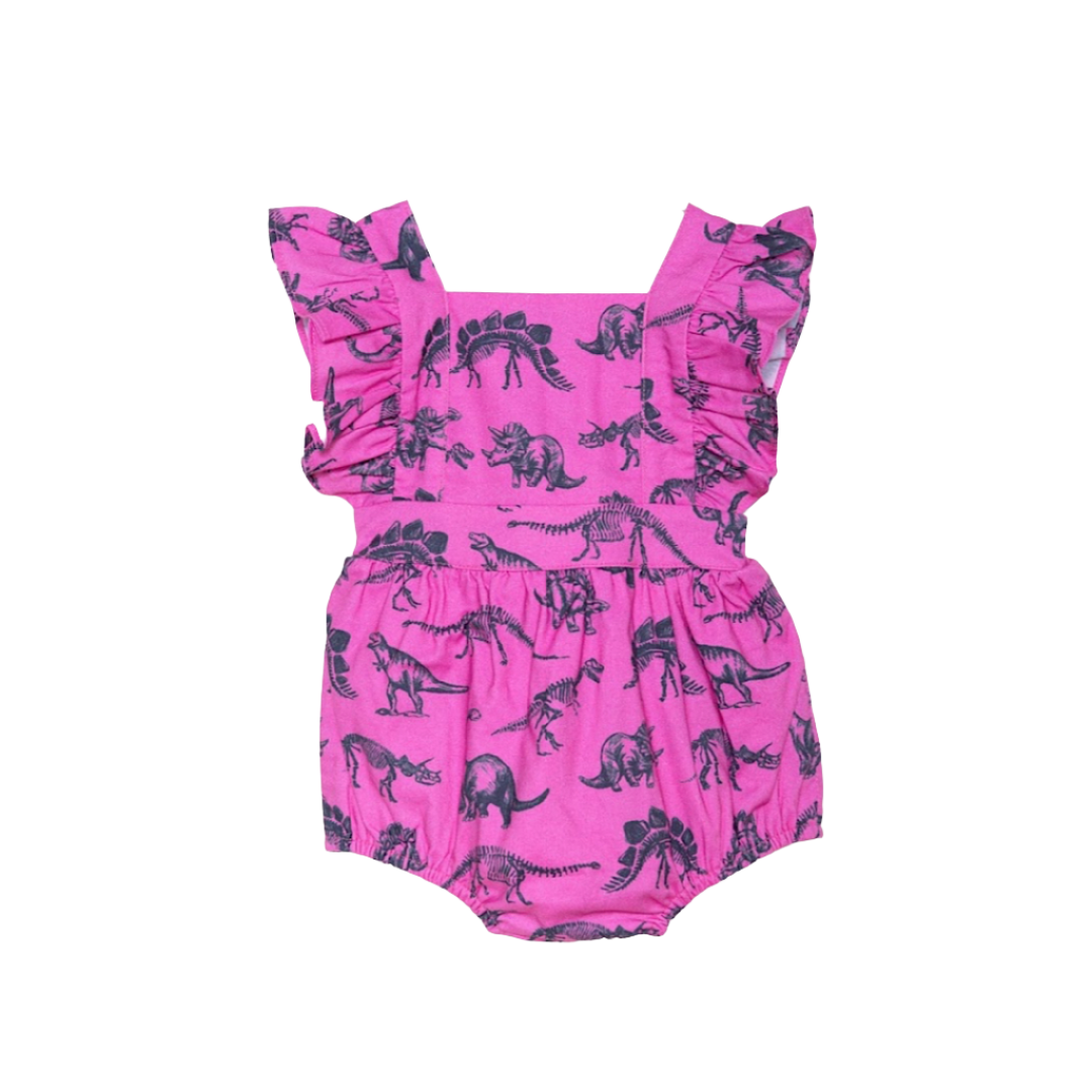 Baby bubble romper in hot pink dinosaur print. STEM clothing for girls!