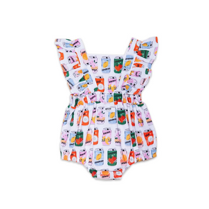 Baby bubble romper in retro soda can print, back view