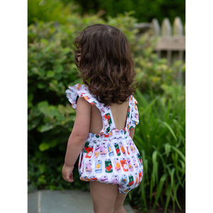 Back view of toddler baby bubble romper with ruffle sleeves and retro print