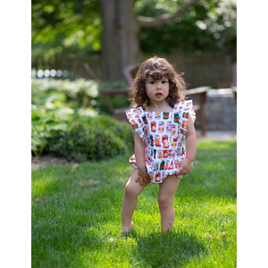 Baby and toddler bubble romper with ruffle sleeves and retro soda can print