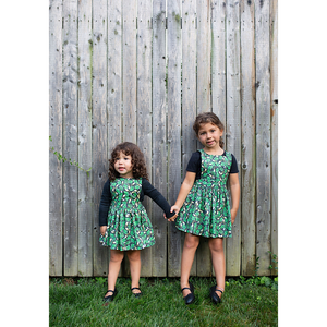 Sister matching outfits: girls pinafore dress in herbs