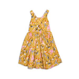 Girls cross back summer dress in dog print with pockets, back view