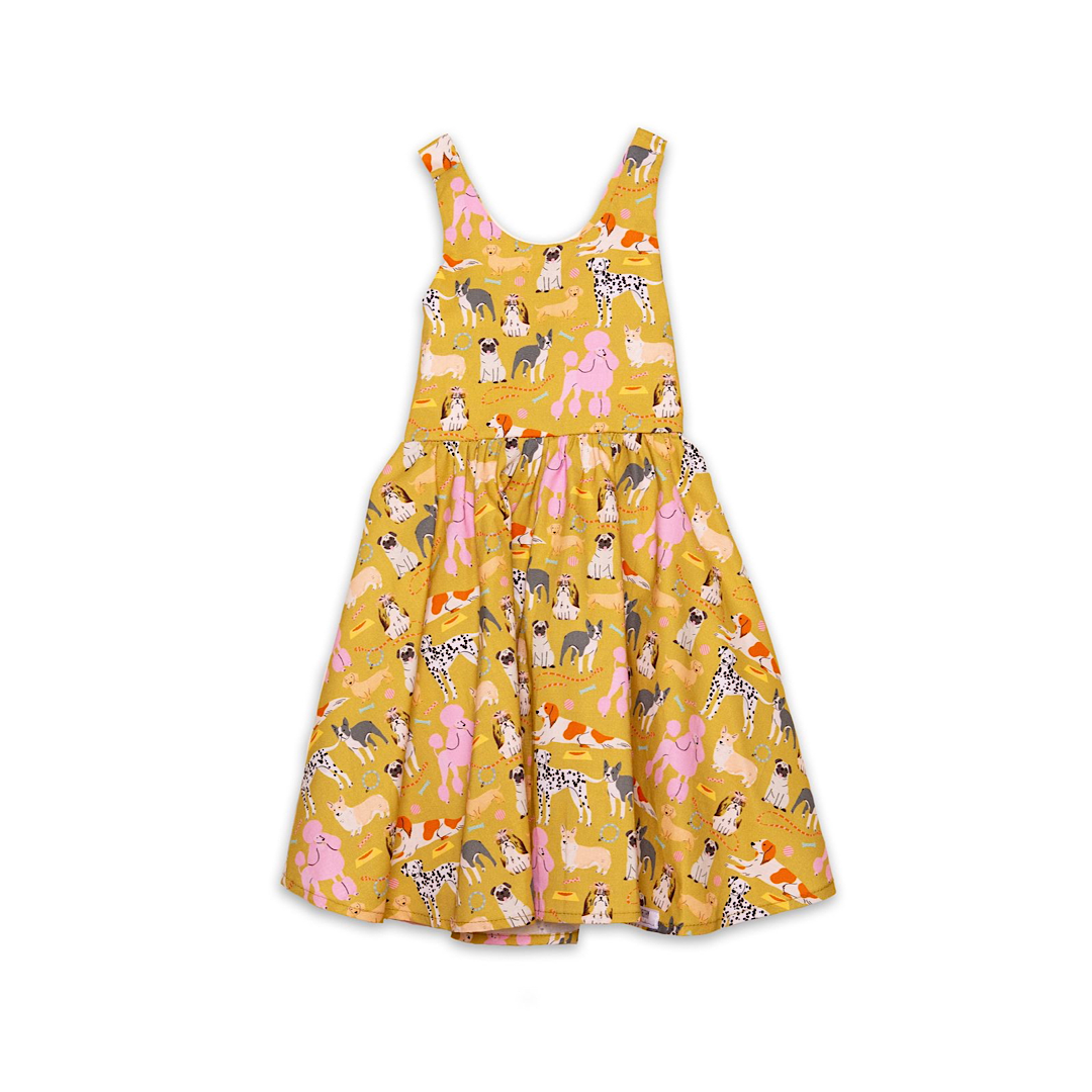 Girls cross back summer dress with pockets, dog print