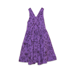 Girls cross back summer twirly dress in purple robots, STEM clothing for girls