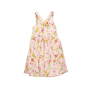 Girls cross back summer dress with pockets, pink plants print back view