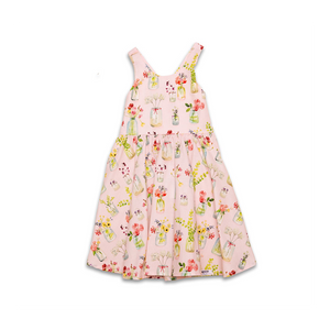 Girls cross back summer dress in pink plants with pockets