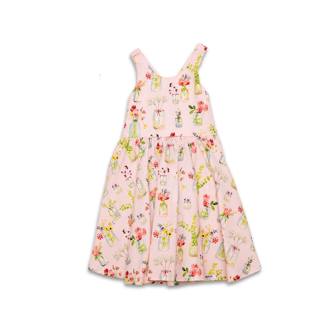 Girls cross back summer dress in pink plants with pockets