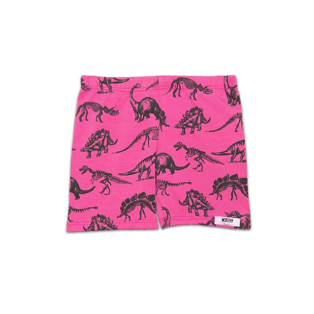 Girls biker shorts in hot pink with dinosaur print