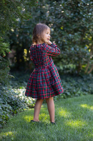 Girls plaid long sleeve dress, back view