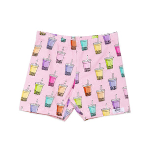 Girls biker shorts in funky pink boba print