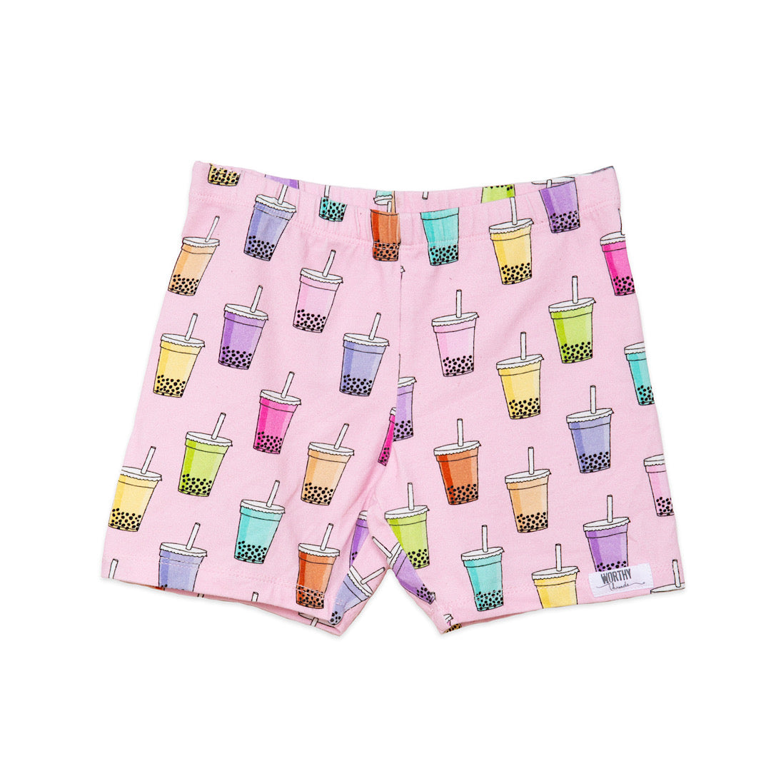 Girls biker shorts in funky pink boba print