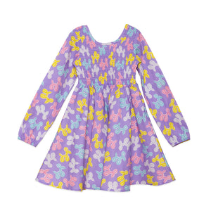 Girls ruched dress in purple balloon animal print, birthday dress