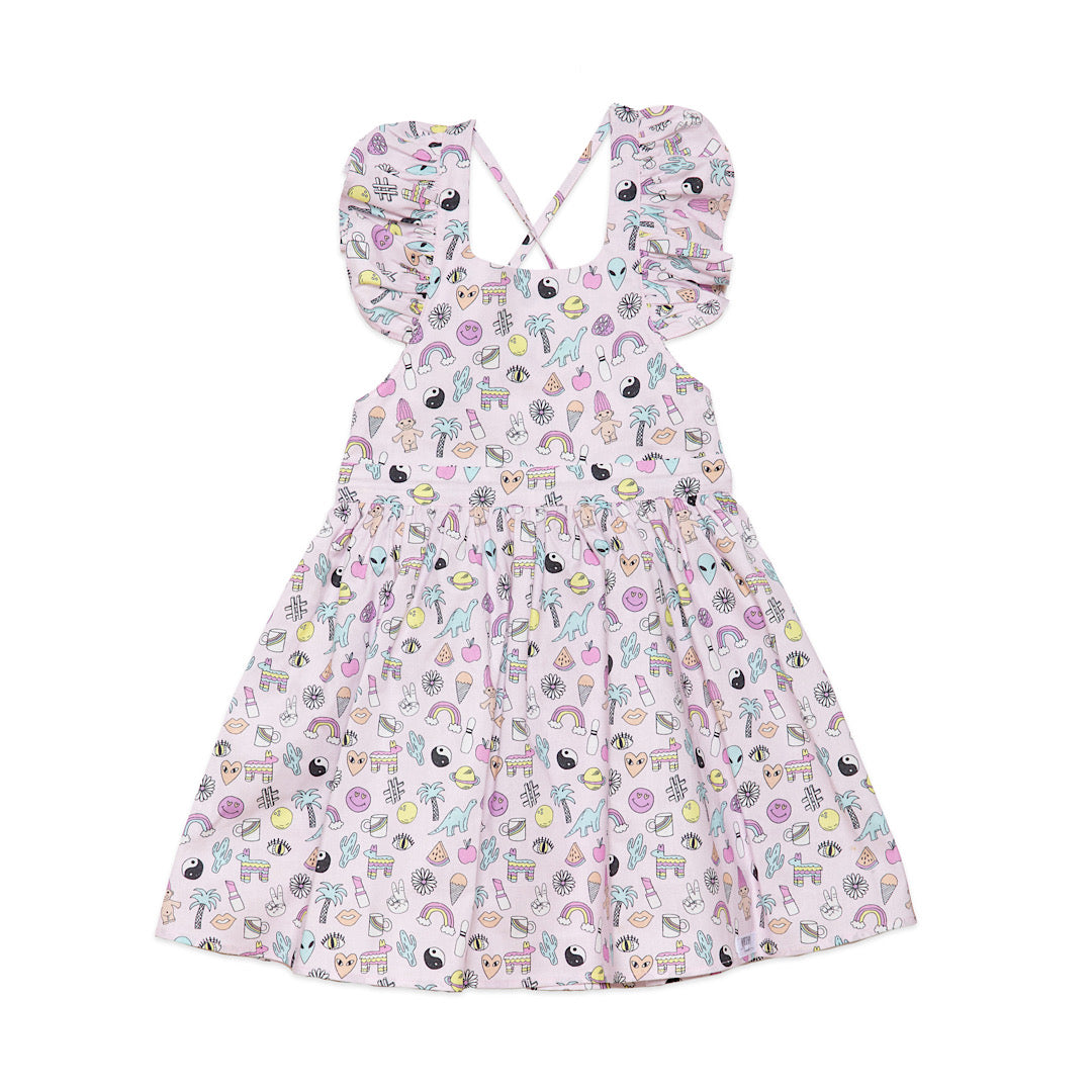 Girls ruffle sleeve dress featuring retro 90s toys print