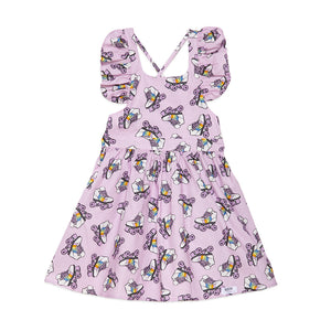 Girls ruffle sleeve dress featuring purple roller skate print