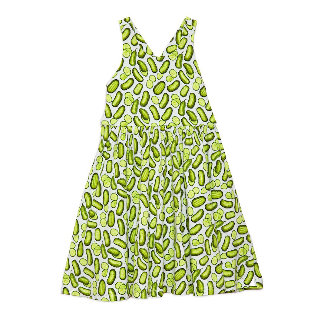 Girls twirly dress in funky green pickles print, cross back straps and pockets!