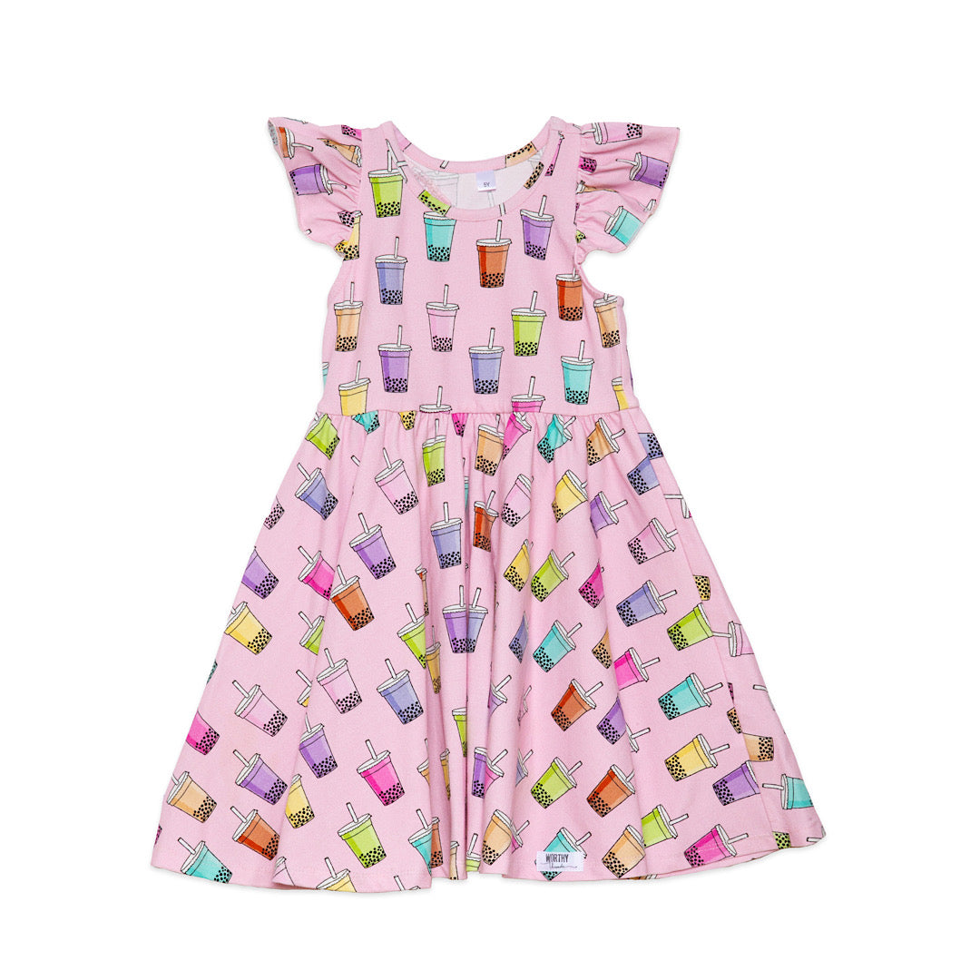 Girls twirly dress in funky pink print, racer back and ruffle sleeves