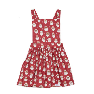 Girls christmas dress, pinafore style, red with santa faces