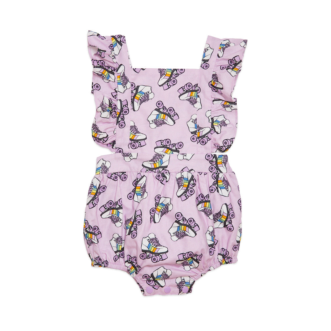 Baby bubble romper in retro roller skates print, purple with ruffle sleeves