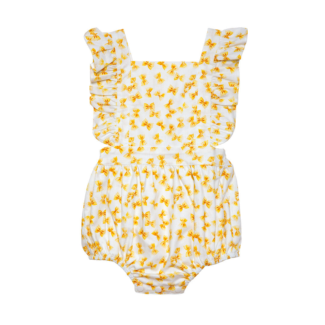 Baby bubble romper in bow tie pasta print, ruffle sleeves