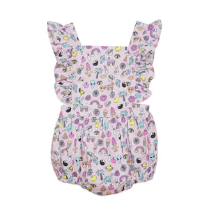 Baby bubble romper in retro 90s toys print, ruffle sleeves